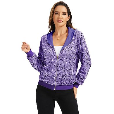 Women's Hooded Sequin Jacket with Front Zipper Closure and Ribbed Trim