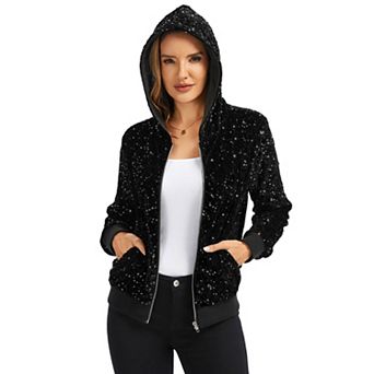 Women's Hooded Sequin Jacket with Front Zipper Closure and Ribbed Trim