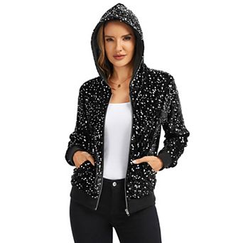 Women's Hooded Sequin Jacket with Front Zipper Closure and Ribbed Trim
