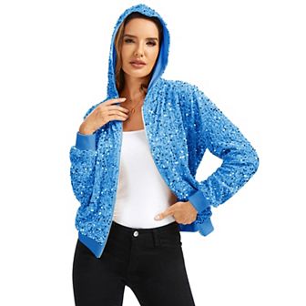 Women's Hooded Sequin Jacket with Front Zipper Closure and Ribbed Trim