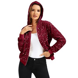 Women's Hooded Sequin Jacket with Front Zipper Closure and Ribbed Trim