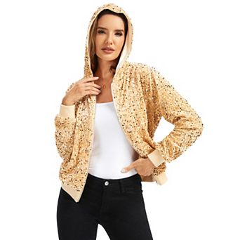 Women's Hooded Sequin Jacket with Front Zipper Closure and Ribbed Trim