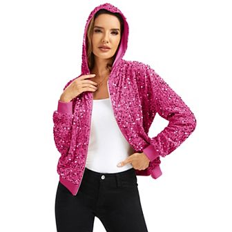 Women's Hooded Sequin Jacket with Front Zipper Closure and Ribbed Trim
