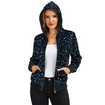 Women's Hooded Sequin Jacket with Front Zipper Closure and Ribbed Trim