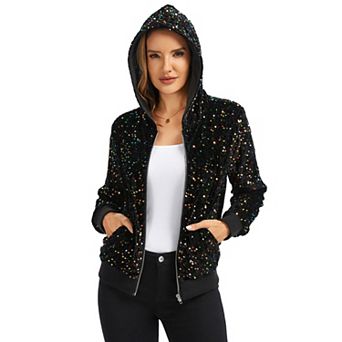 Women's Hooded Sequin Jacket with Front Zipper Closure and Ribbed Trim