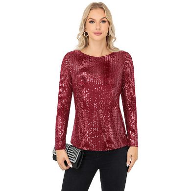 Women's Long Sleeve Sequin Top with Crew Neck and Fitted Silhouette