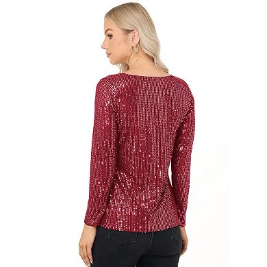 Women's Long Sleeve Sequin Top with Crew Neck and Fitted Silhouette