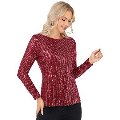 Women's Long Sleeve Sequin Top with Crew Neck and Fitted Silhouette