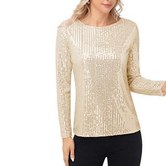 Women's Long Sleeve Sequin Top with Crew Neck and Fitted Silhouette