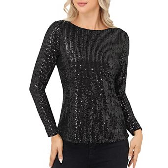 Women's Long Sleeve Sequin Top with Crew Neck and Fitted Silhouette