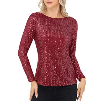 Women's Long Sleeve Sequin Top with Crew Neck and Fitted Silhouette