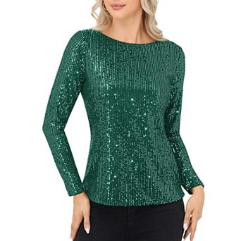 Women's Long Sleeve Sequin Top with Crew Neck and Fitted Silhouette