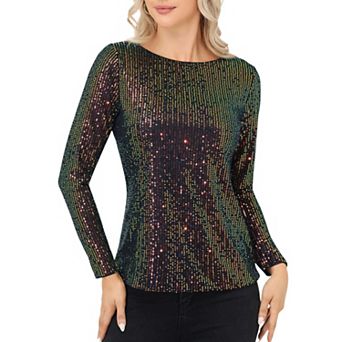 Women's Long Sleeve Sequin Top with Crew Neck and Fitted Silhouette