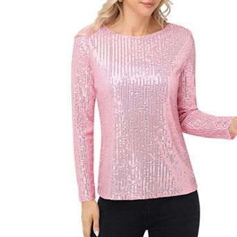 Women's Long Sleeve Sequin Top with Crew Neck and Fitted Silhouette