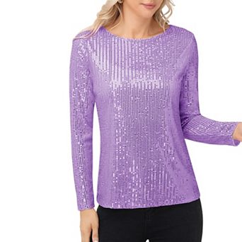 Women's Long Sleeve Sequin Top with Crew Neck and Fitted Silhouette