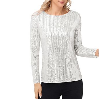 Women's Long Sleeve Sequin Top with Crew Neck and Fitted Silhouette