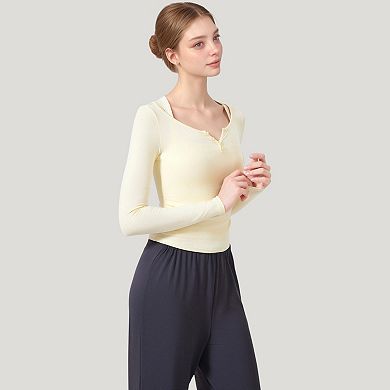 Women's Long Sleeve Henley Activewear Top with Scoop Neckline and Streamlined Fitted Silhouette