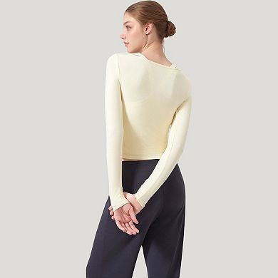 Women's Long Sleeve Henley Activewear Top with Scoop Neckline and Streamlined Fitted Silhouette