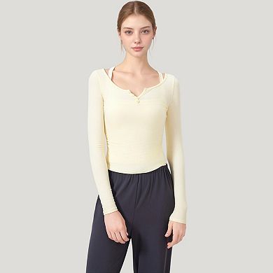 Women's Long Sleeve Henley Activewear Top with Scoop Neckline and Streamlined Fitted Silhouette