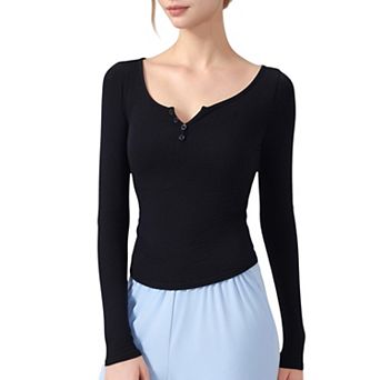 Women's Long Sleeve Henley Activewear Top with Scoop Neckline and Streamlined Fitted Silhouette