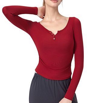 Women's Long Sleeve Henley Activewear Top with Scoop Neckline and Streamlined Fitted Silhouette