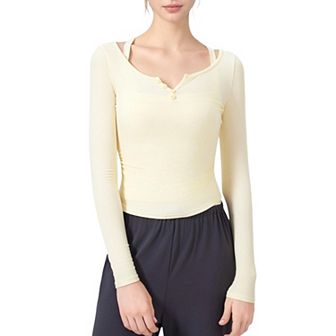Women's Long Sleeve Henley Activewear Top with Scoop Neckline and Streamlined Fitted Silhouette