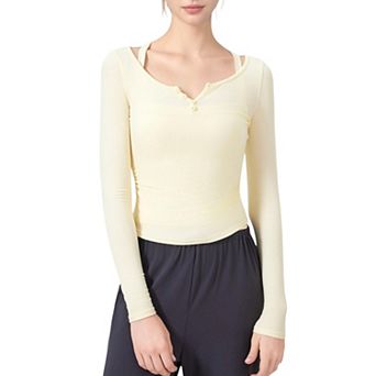 Women's Long Sleeve Henley Activewear Top with Scoop Neckline and Streamlined Fitted Silhouette