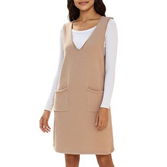 Women's Sleeveless V-Neck Shift Dress with Front Patch Pockets