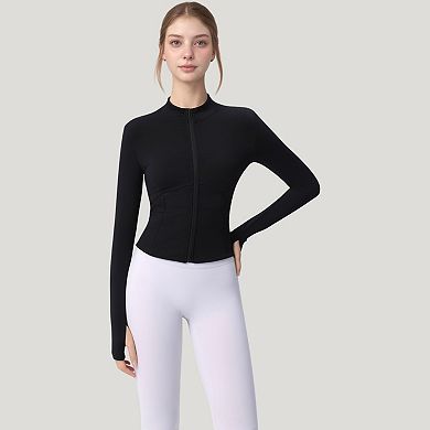 Women's Long Sleeve Full Zip Athletic Jacket with Thumbholes and Fitted Silhouette