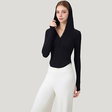 Women's Long Sleeve Henley Hoodie Activewear Top with Streamlined Fit and Lightweight Stretch Fabric
