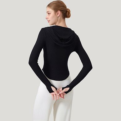 Women's Long Sleeve Henley Hoodie Activewear Top with Streamlined Fit and Lightweight Stretch Fabric