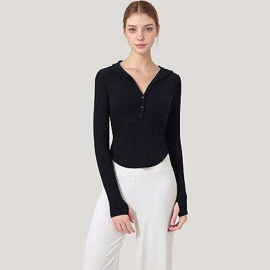 Women's Long Sleeve Henley Hoodie Activewear Top with Streamlined Fit and Lightweight Stretch Fabric
