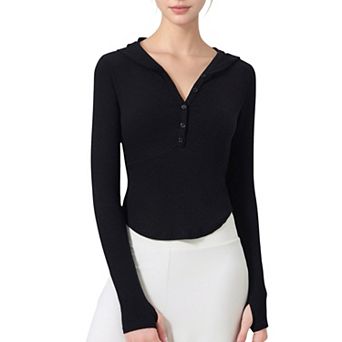 Women's Long Sleeve Henley Hoodie Activewear Top with Streamlined Fit and Lightweight Stretch Fabric