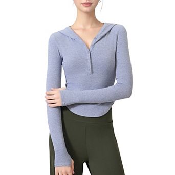 Women's Long Sleeve Henley Hoodie Activewear Top with Streamlined Fit and Lightweight Stretch Fabric