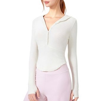 Women's Long Sleeve Henley Hoodie Activewear Top with Streamlined Fit and Lightweight Stretch Fabric