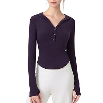 Women's Long Sleeve Henley Hoodie Activewear Top with Streamlined Fit and Lightweight Stretch Fabric