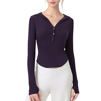 Women's Long Sleeve Henley Hoodie Activewear Top with Streamlined Fit and Lightweight Stretch Fabric