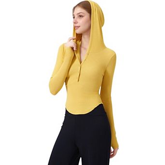 Women's Long Sleeve Henley Hoodie Activewear Top with Streamlined Fit and Lightweight Stretch Fabric