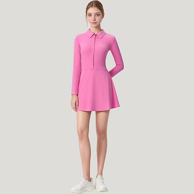 Women's Long Sleeve Active Dress with Zip Front Closure and Pointed Collar