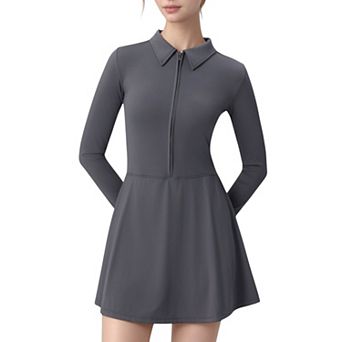 Women's Long Sleeve Active Dress with Zip Front Closure and Pointed Collar
