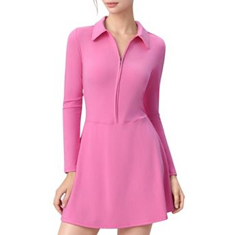 Women's Long Sleeve Active Dress with Zip Front Closure and Pointed Collar