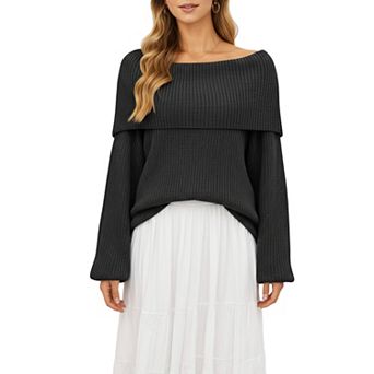 Women's Off Shoulder Long Sleeve Knit Pullover Sweater with Relaxed Fit