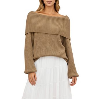 Women's Off Shoulder Long Sleeve Knit Pullover Sweater with Relaxed Fit