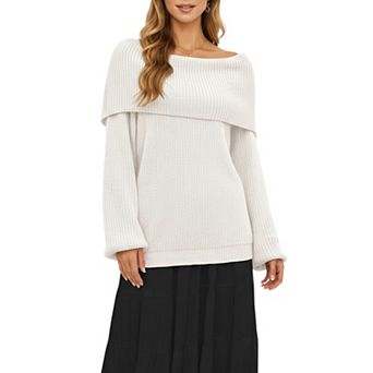 Women's Off Shoulder Long Sleeve Knit Pullover Sweater with Relaxed Fit