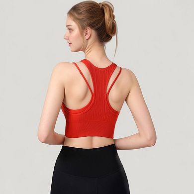 Women's Ribbed High Neck Crop Top with Double Strap Detail