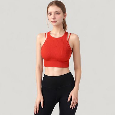 Women's Ribbed High Neck Crop Top with Double Strap Detail
