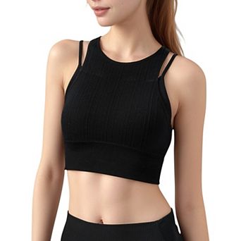 Women's Ribbed High Neck Crop Top with Double Strap Detail