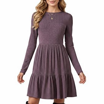Women's Long Sleeve Tiered Skater Dress with Fitted Bodice and Flowy Hem