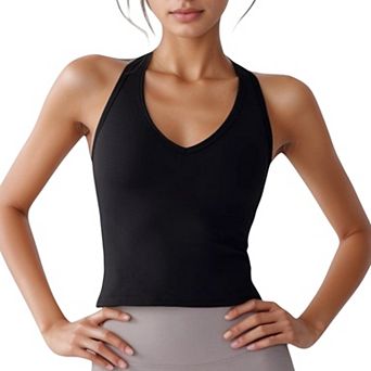 Women's V-Neck Cropped Activewear Tank with T-Strap Back and Stretch Fabric