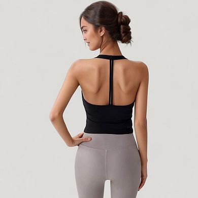 Women's V-Neck Cropped Activewear Tank with T-Strap Back and Stretch Fabric